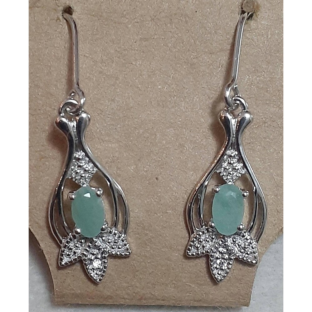 R J Graziano sterling silver pale emerald and diamond chip accent dangle drop ea